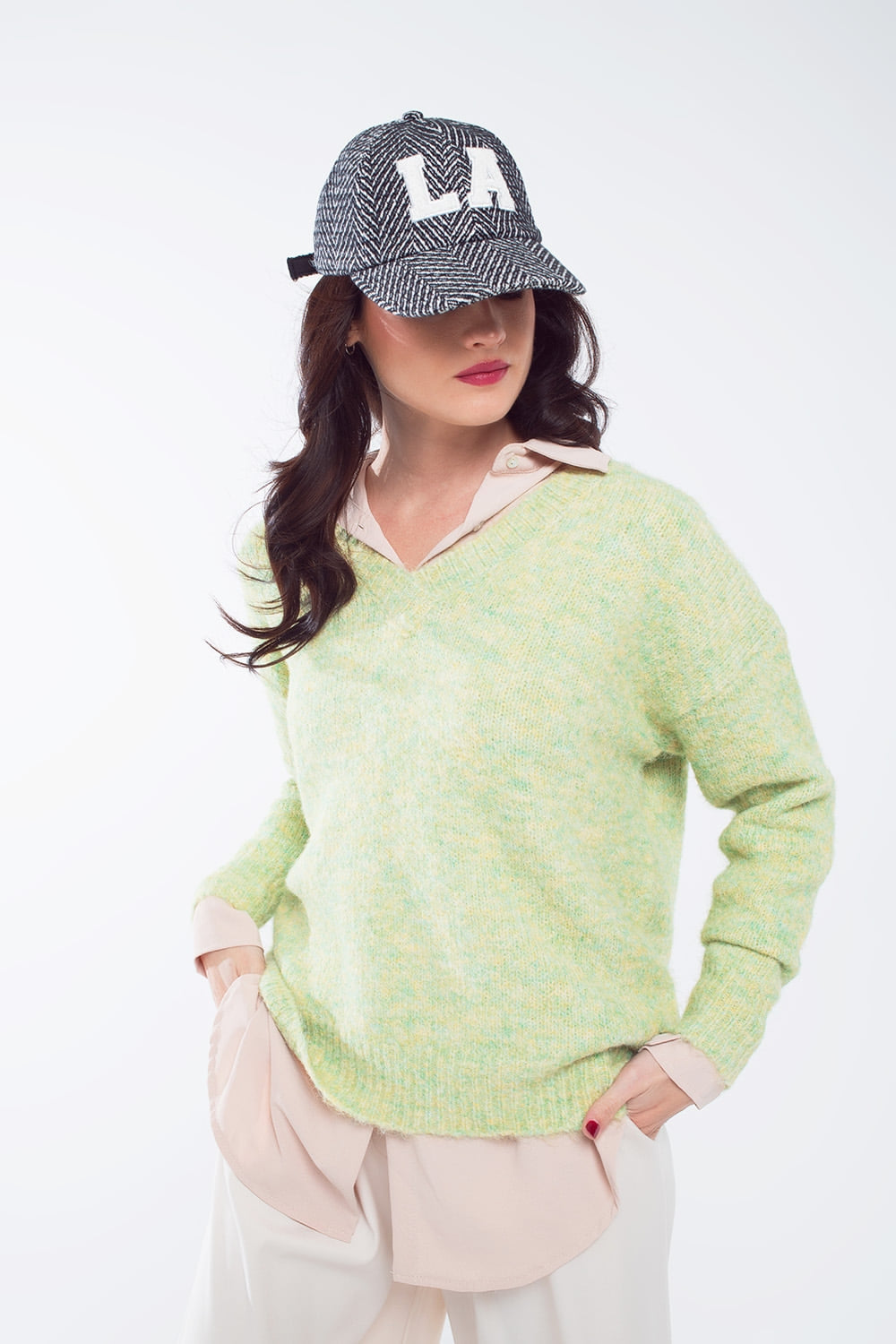 Green Fluffy Knit Sweater With V-Neck