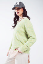 Green Fluffy Knit Sweater With V-Neck